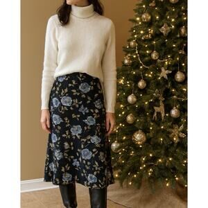 VTG Petite Sophisticate Silk Midi Skirt Sz 6 - Blue Floral 90s Holiday Lagenlook